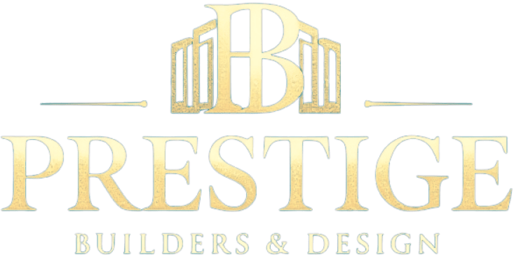 fulllogo_transparent_nobuffer Logo for Prestige Builders & Design. Prominent "B" with stylized columns above "Prestige" text.